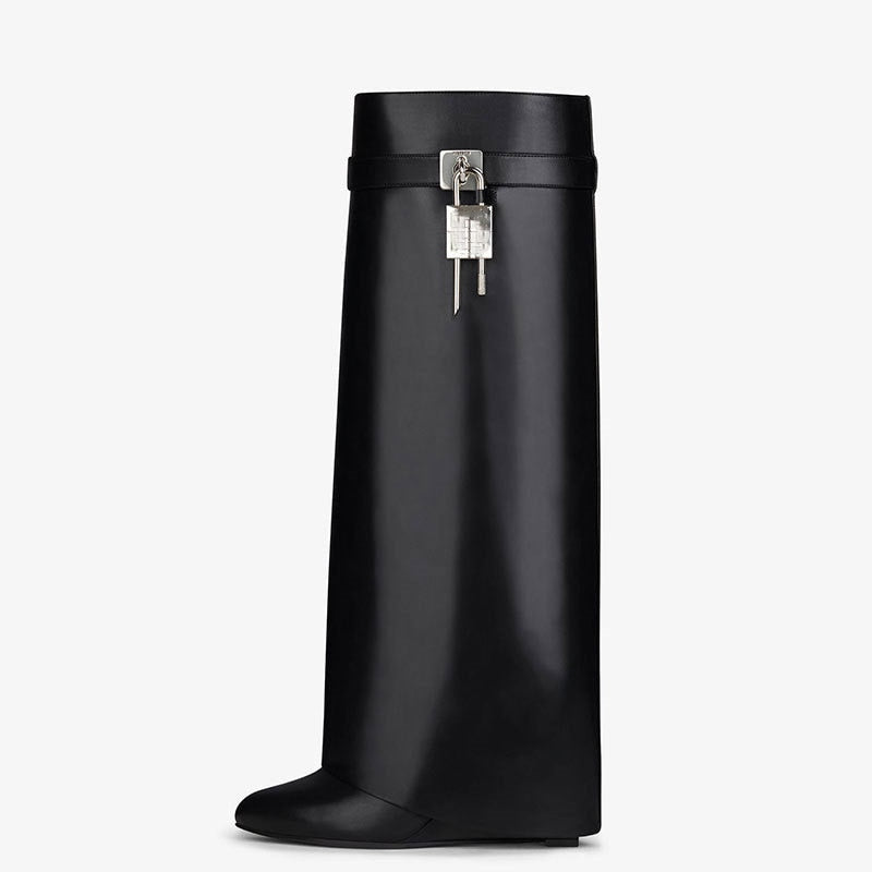 New Knee High Boots Shark Lock Long Thick Soled High-heeled Boots Designer Luxury Brand  Leather Boots