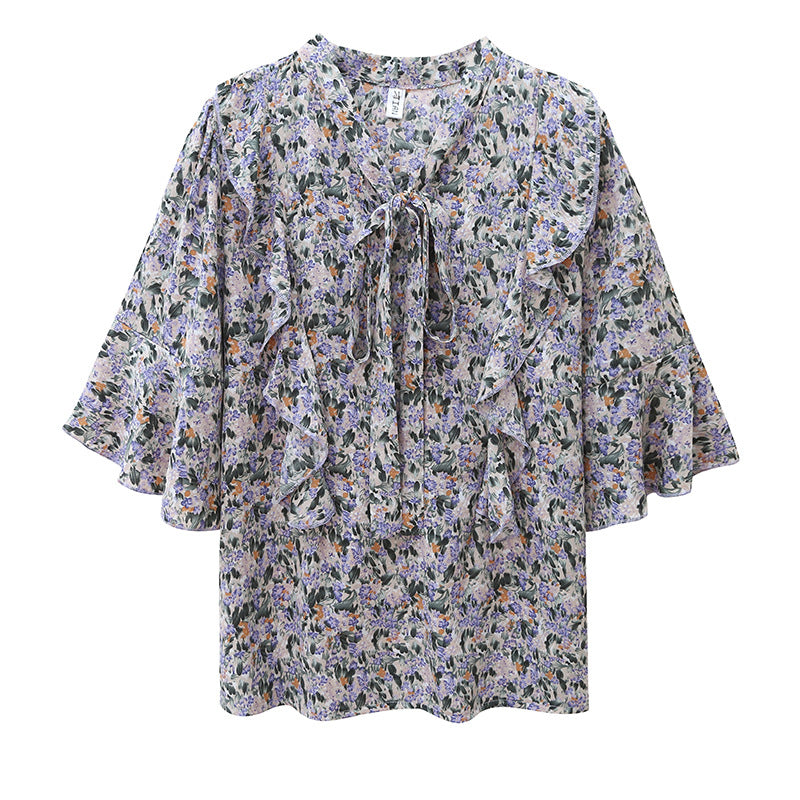 Top Woman Summer Blouse New Floral Bow Chiffon Shirts Loose