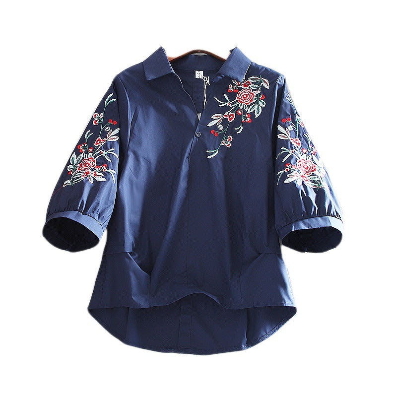 Summer New Ladies Blouse Retro Literature And Art Embroidery Lapel Lantern Sleeve Shirt Women