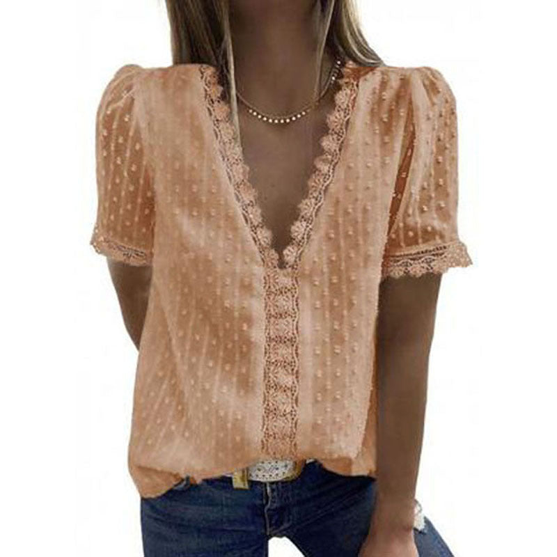 Summer New Solid Color Jacquard V-Neck Short-Sleeved Blouse Women