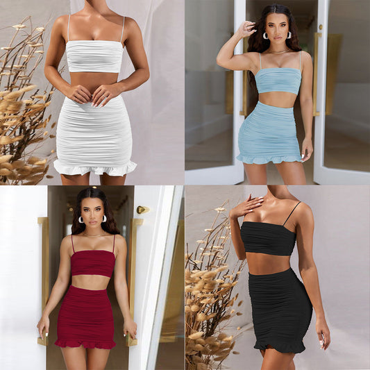 Sexy camisole pleated skirt two-piece suit - taylorkinfo