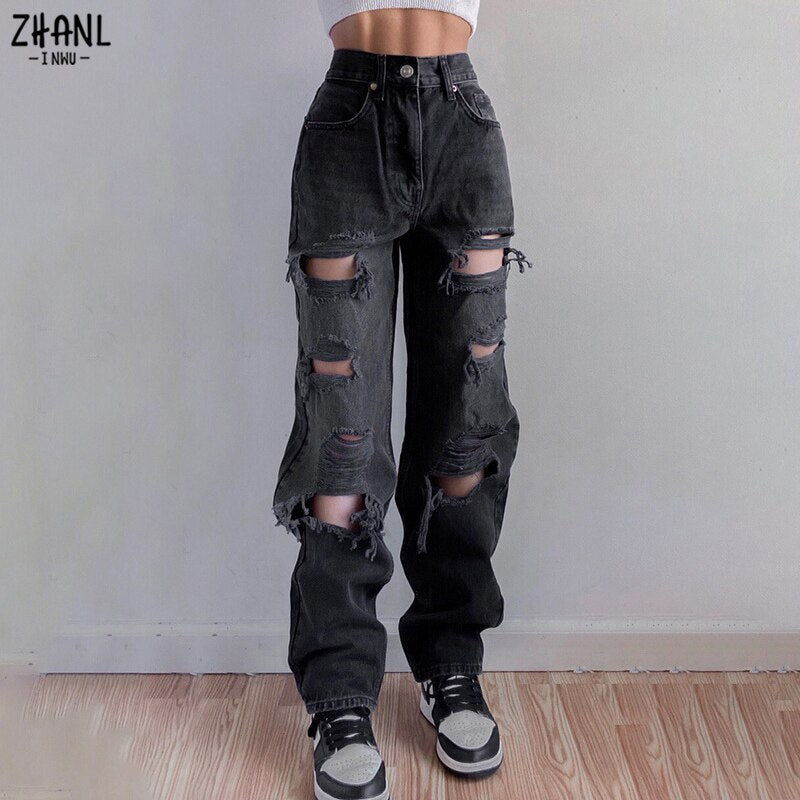 Brown Ripped Vintage Woman&#39;s Distressed Jeans Streetwear Hole Hip Hop High Waist Pants Fashion Straight Denim Trousers Ladies - Taylor K Shop