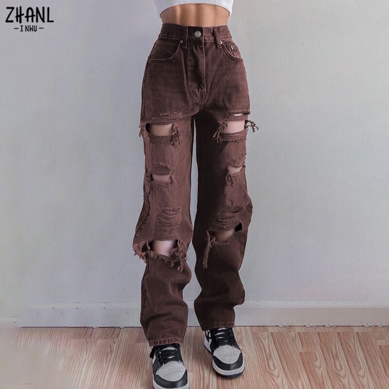 Brown Ripped Vintage Woman&#39;s Distressed Jeans Streetwear Hole Hip Hop High Waist Pants Fashion Straight Denim Trousers Ladies - Taylor K Shop