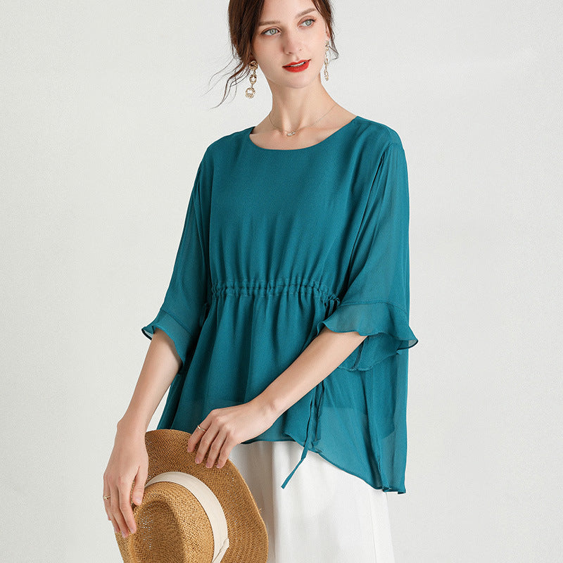 Summer New Style Temperament Short-Sleeved Plus Size Slimming Silk Blouse Women