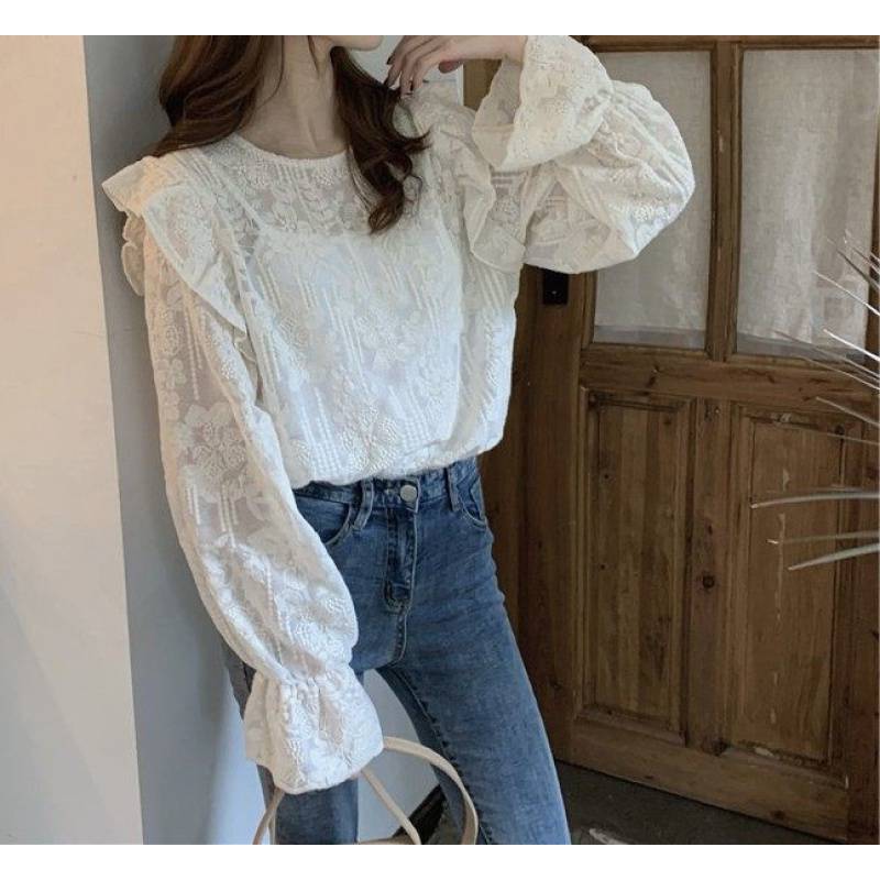 Sweet Trumpet Sleeves Embroidered Lace Blouse Blouse For Women's Wear