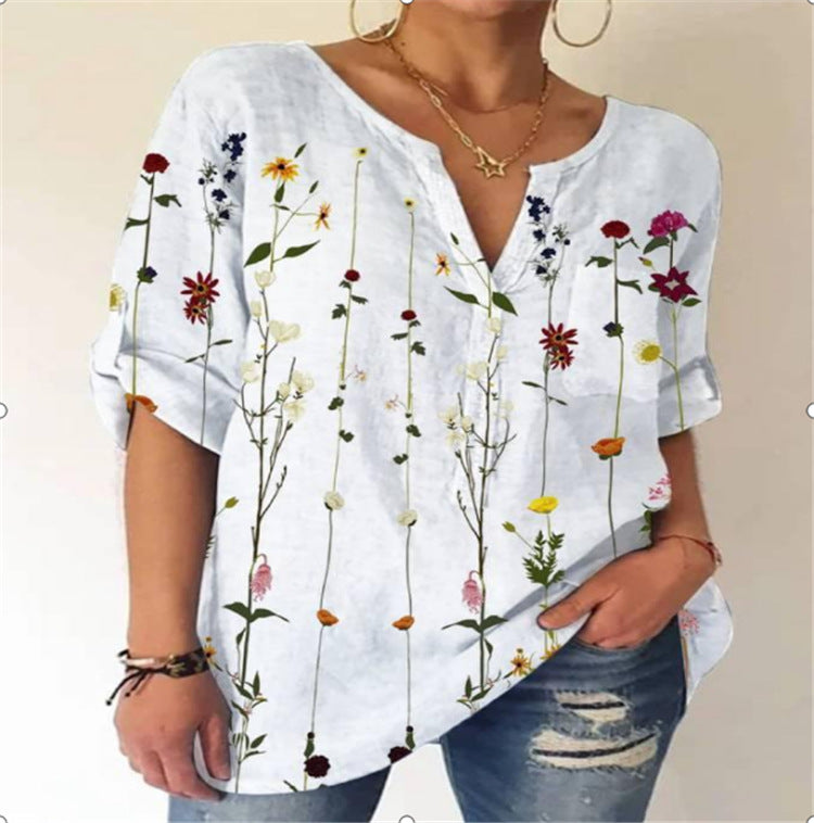 Summer Women's Blouse Loose Printing V-Neck Long-Sleeved Shirt Women