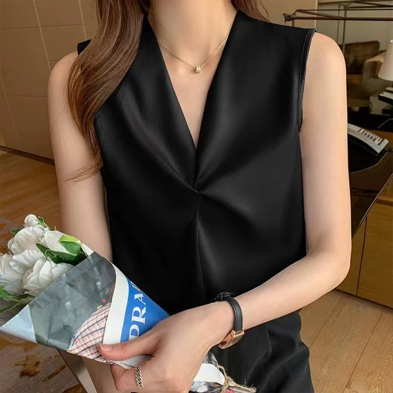 Summer New Satin V-neck Sleeveless Camisole High-end Design Cross Inner Wear Blouse Women