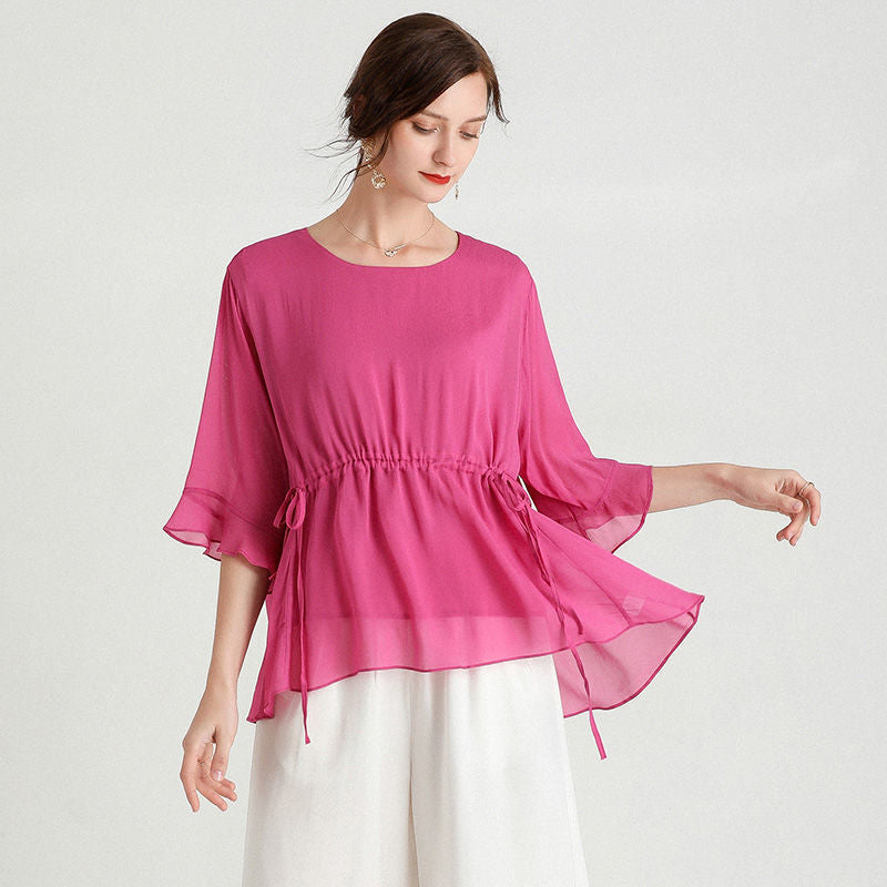 Summer New Style Temperament Short-Sleeved Plus Size Slimming Silk Blouse Women