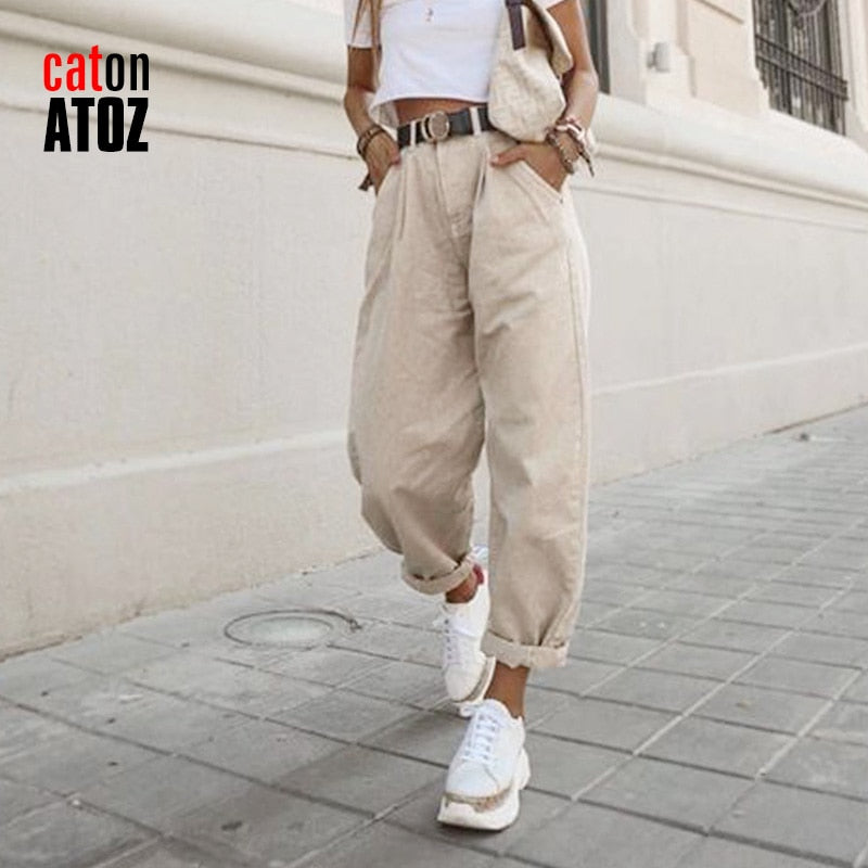 catonATOZ 2248 Y2K Khaki Women&#39;s Cargo Pants High Waist Loose Trousers Female Casual Streetwear baggy Jeans - taylorkinfo