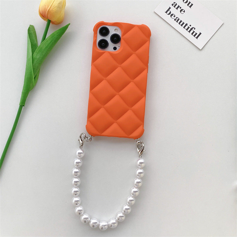 Skin Feeling Diamond Chanel's Style Applicable To IP14 Phone Case Pearl Chain