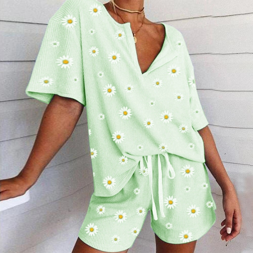 Two-piece Home Service Summer Digital Print Little Daisy Short-sleeved Blouse Women