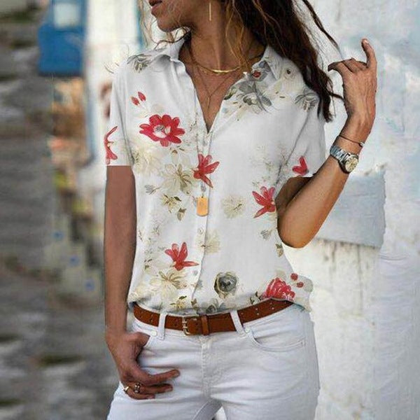 Summer New Style Women's Shirt Fashion Short-Sleeved Blouse V-Neck Printed Shirt