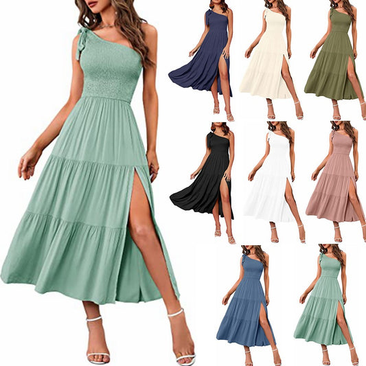 2023 New Summer Fashion Women's One-shoulder Pleated Layered Hem Split Dress - taylorkinfo