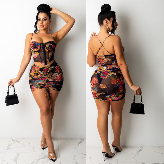 Sexy Mesh Printed Suspenders Wrapped Chest Short Skirt Two-Piece Suit - taylorkinfo