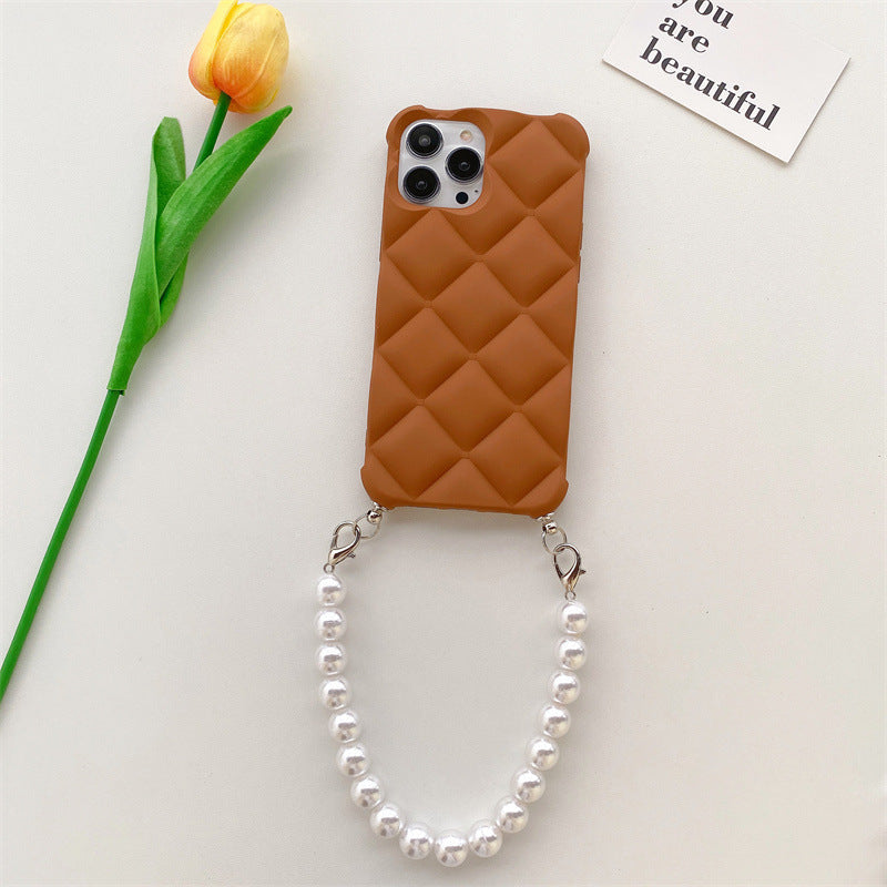 Skin Feeling Diamond Chanel's Style Applicable To IP14 Phone Case Pearl Chain