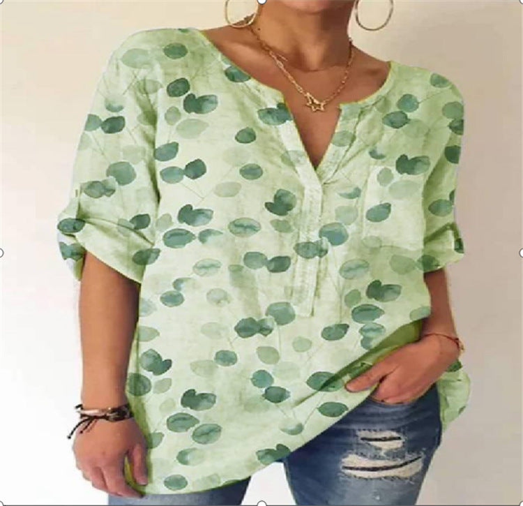 Summer Women's Blouse Loose Printing V-Neck Long-Sleeved Shirt Women