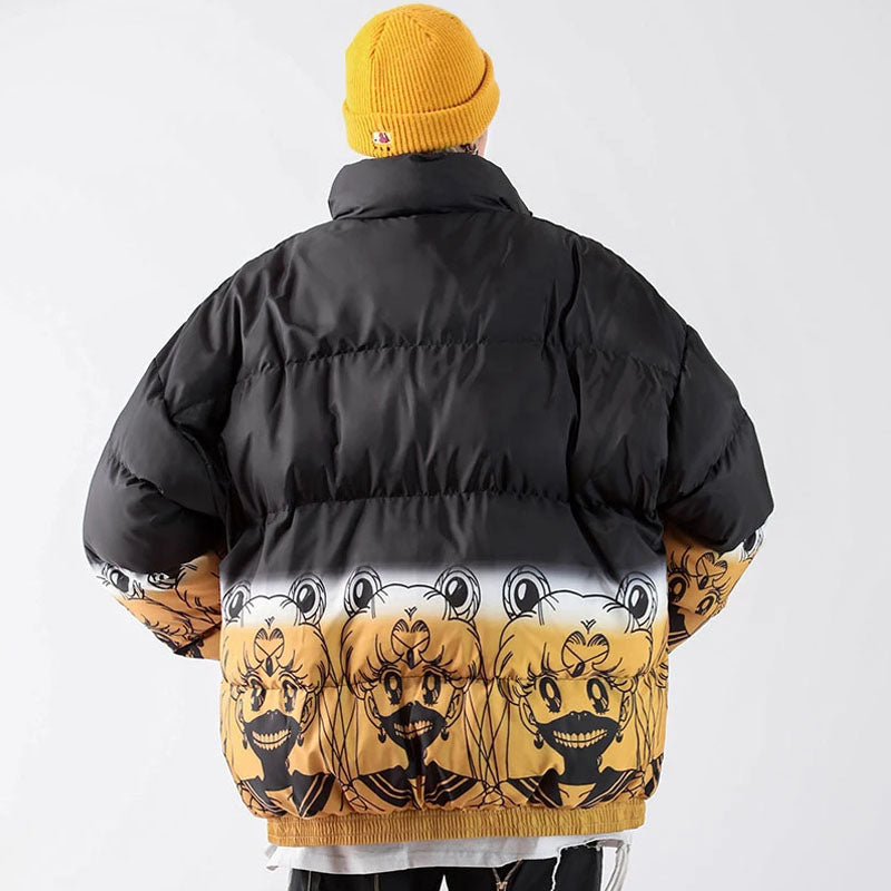 Hip Hop Oversized Padded Parkas Mens Harajuku Gradient Carto