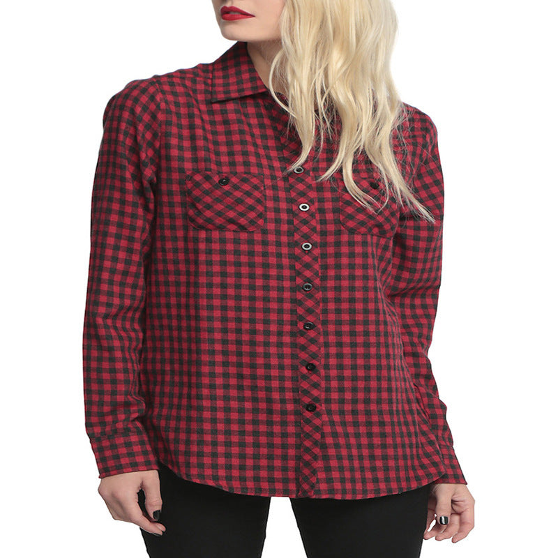 Skull Back Hollow Out Women Blouses Shirts Long Sleeve Plaid Blouse Blusas Tops Chemise Plus Size