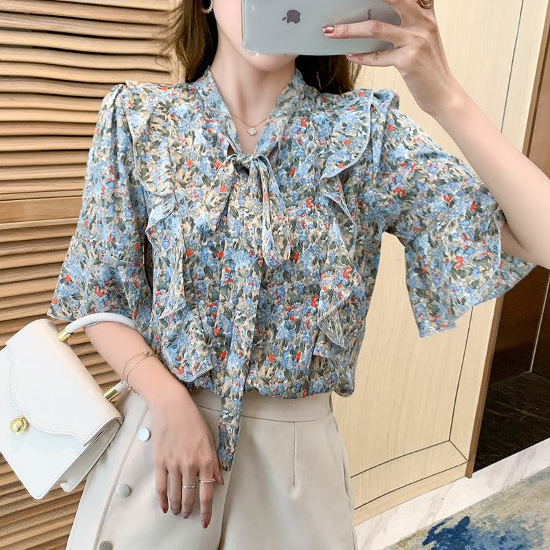 Top Woman Summer Blouse New Floral Bow Chiffon Shirts Loose