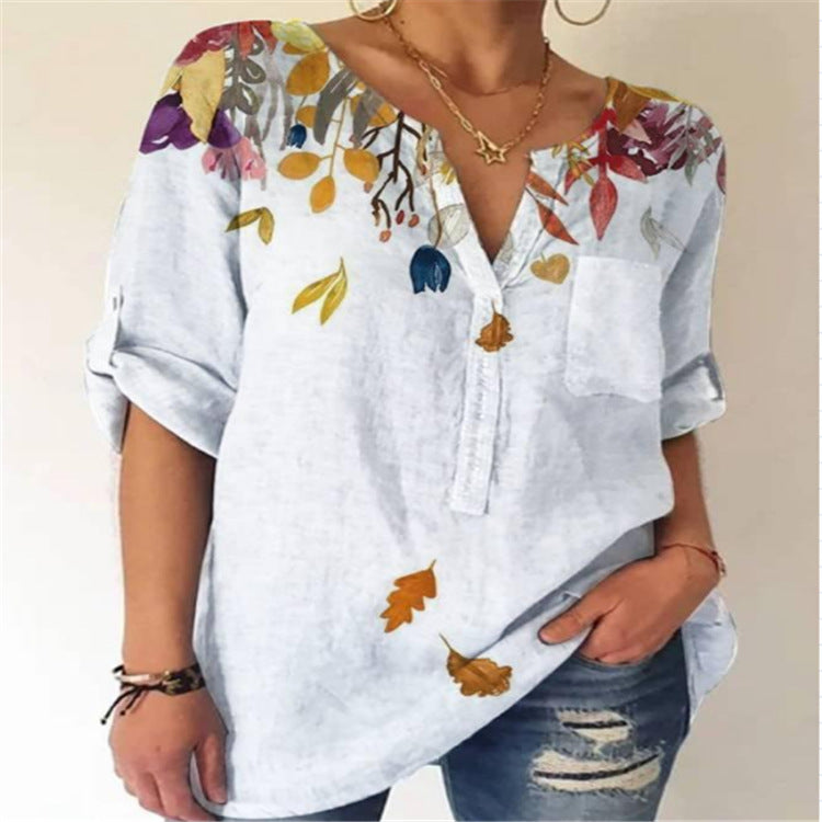 Summer Women's Blouse Loose Printing V-Neck Long-Sleeved Shirt Women