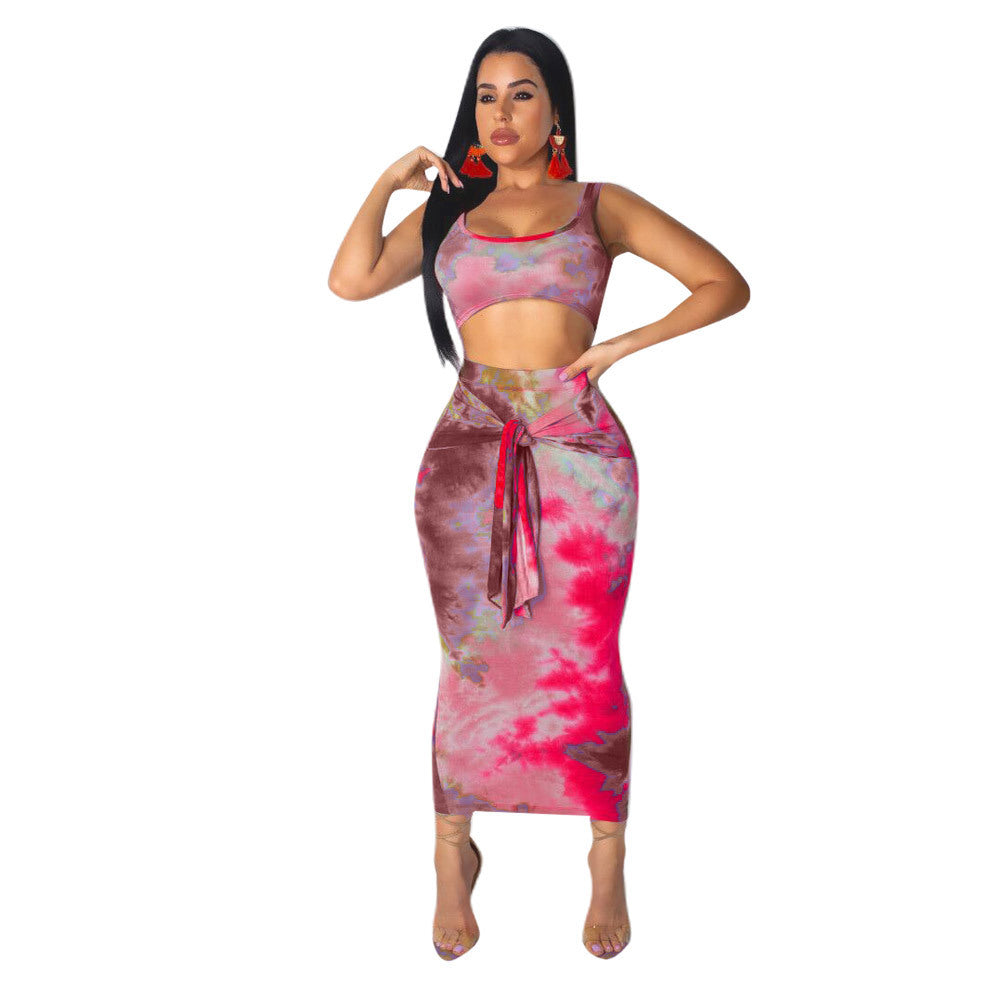 Two-piece Sexy Printed Vest Midi Skirt - taylorkinfo