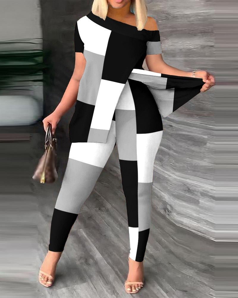 Elegant Women's Suit Sexy Off Shoulder Split 2023 Summer Fashion Casual Short Sleeve Loose Top + Tight Pants 2 - piece Set S - XXXL - Taylor K Shop
