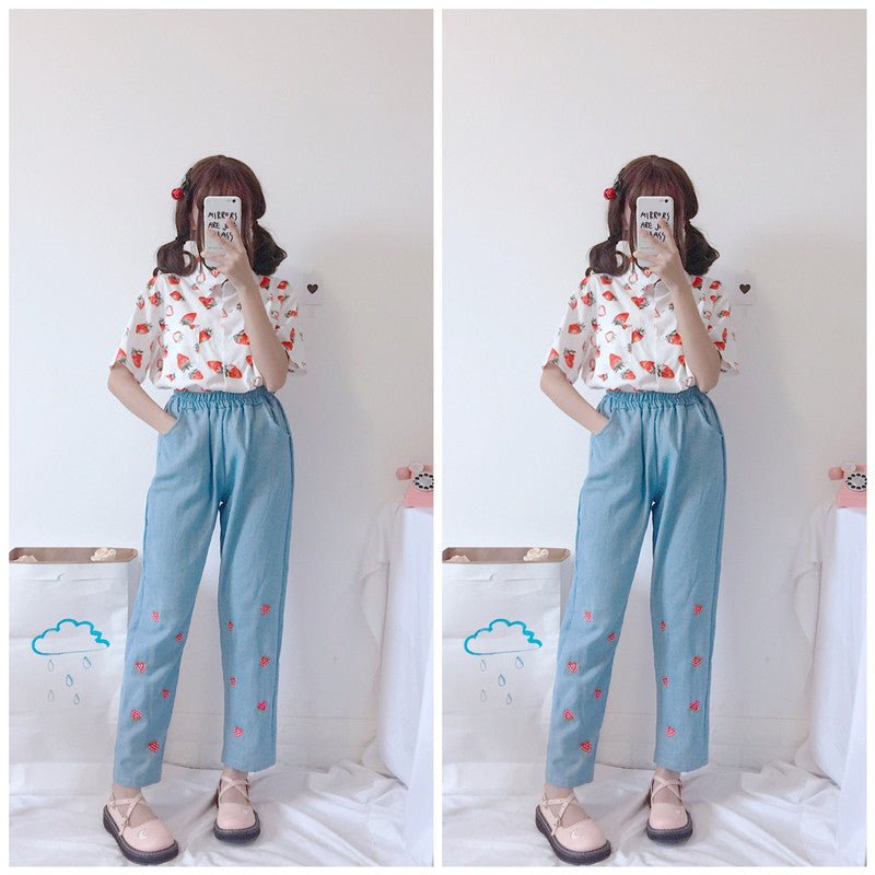 Embroidered strawberry jeans - Taylor K Shop