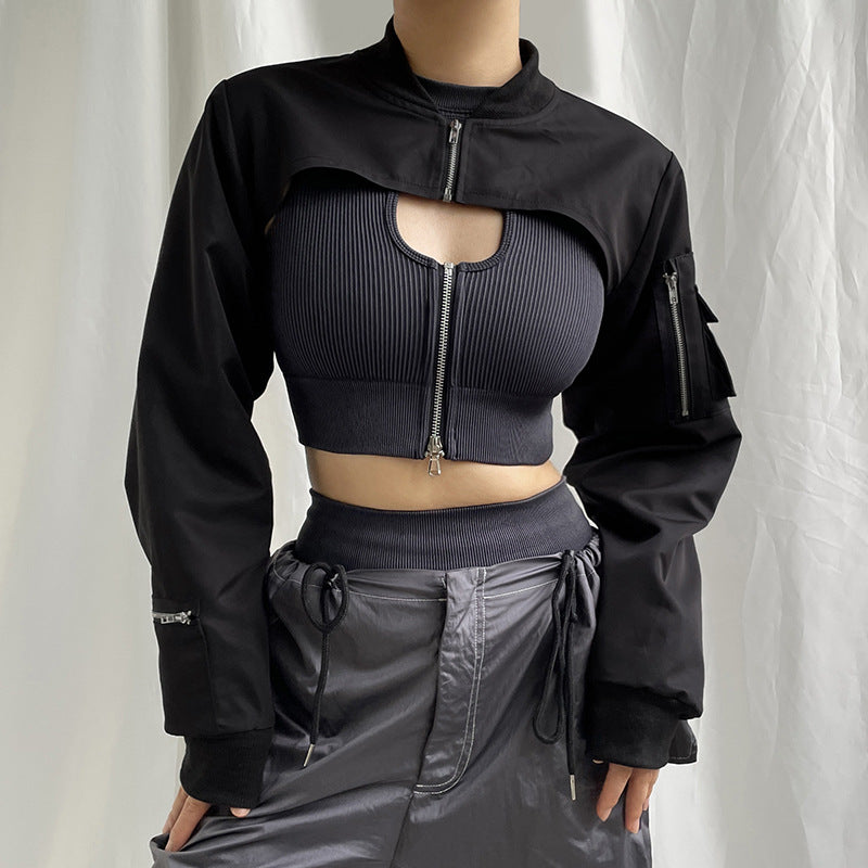 Workwear Style Zipper Short Blouse