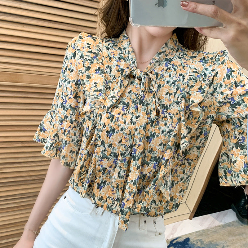 Top Woman Summer Blouse New Floral Bow Chiffon Shirts Loose