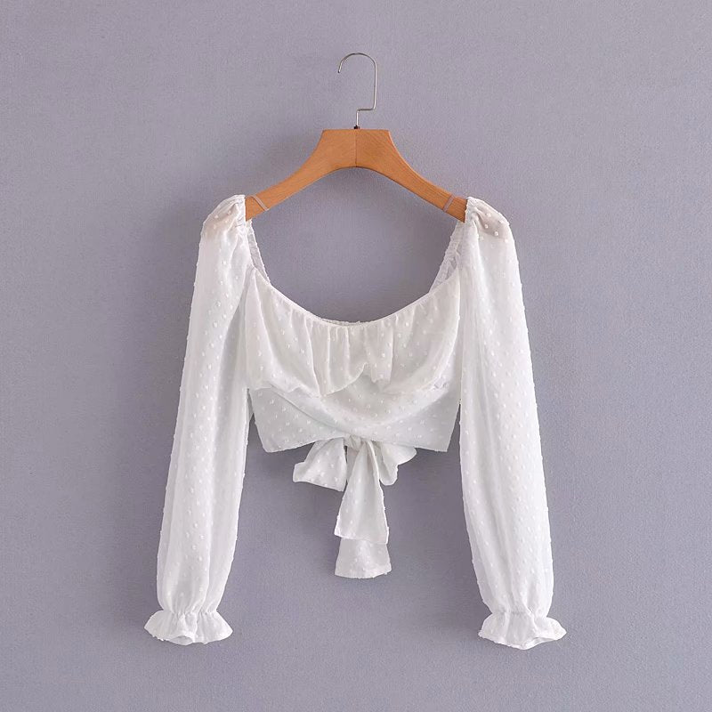 Summer Women Slash Neck Flocking Chiffon Short Blouse Smock Female Long Sleeve Shirt