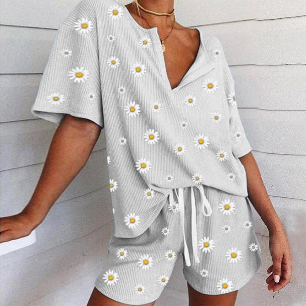 Two-piece Home Service Summer Digital Print Little Daisy Short-sleeved Blouse Women