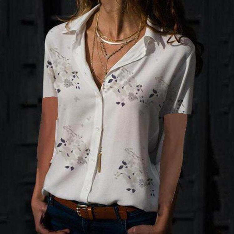 Summer New Style Women's Shirt Fashion Short-Sleeved Blouse V-Neck Printed Shirt