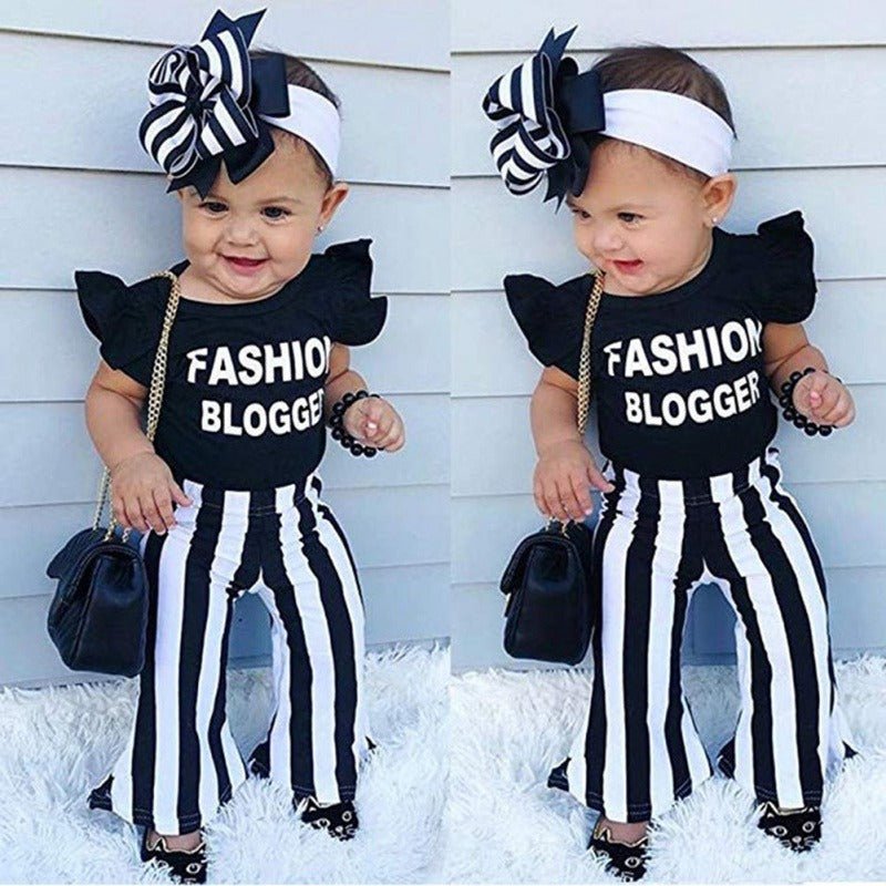 Girls Summer Cotton Printed Letter Blouse And Striped Flared Pants Two - Piece - Taylor K Shop