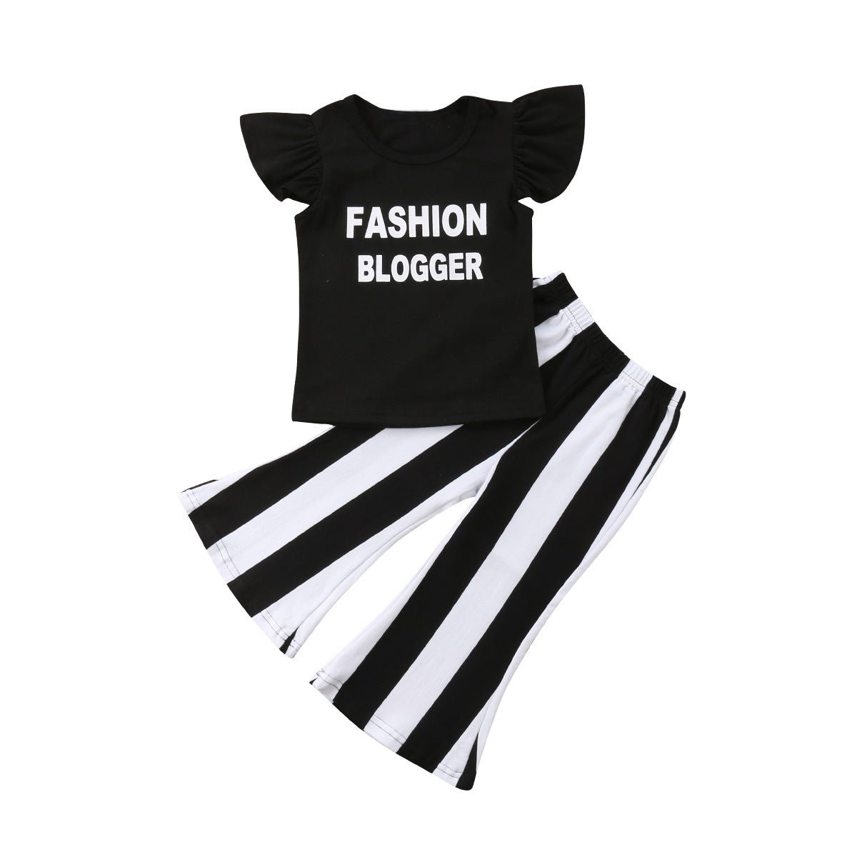 Girls Summer Cotton Printed Letter Blouse And Striped Flared Pants Two - Piece - Taylor K Shop