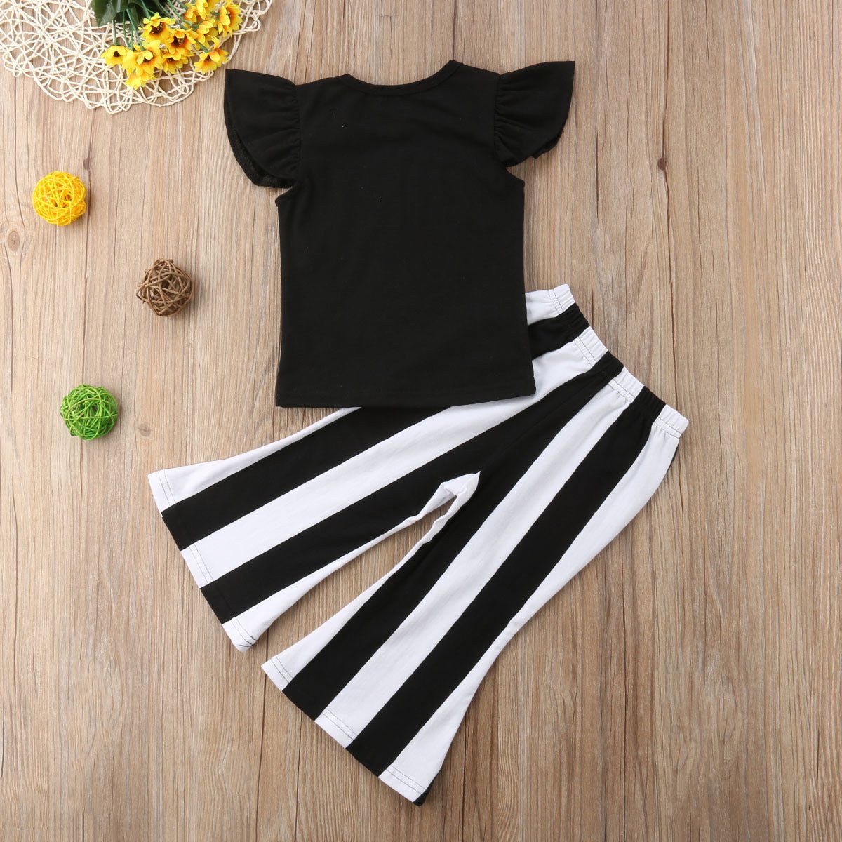 Girls Summer Cotton Printed Letter Blouse And Striped Flared Pants Two - Piece - Taylor K Shop
