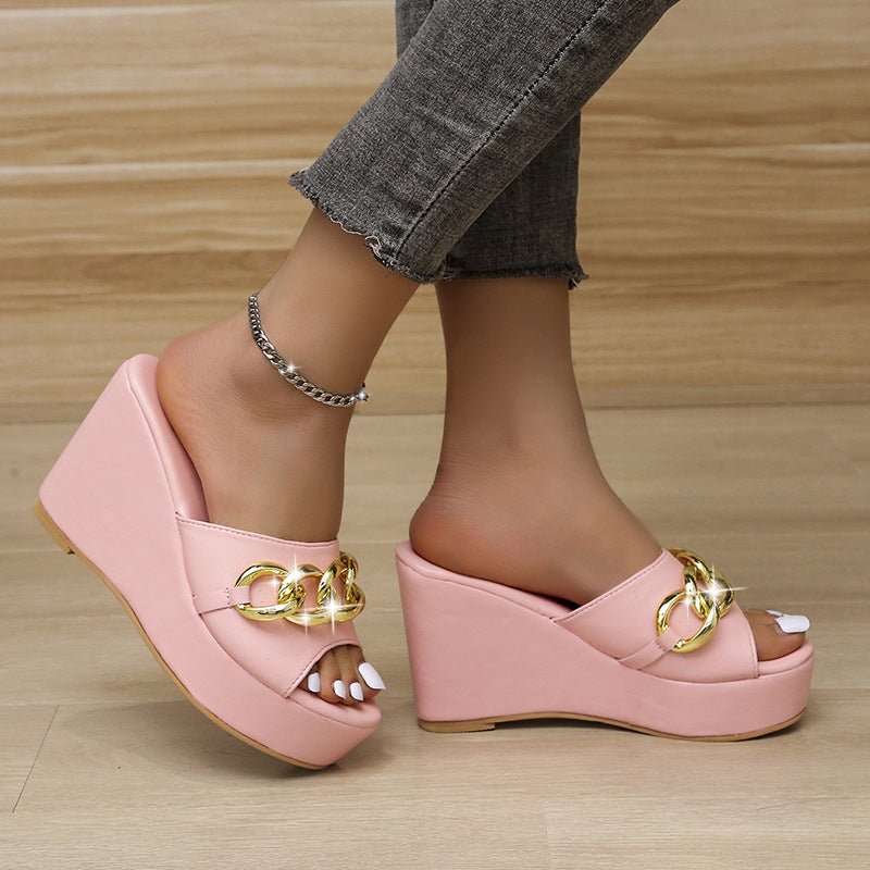 Gold Chain Shoes High Heel Wedges Slippers Women Slides Sandals - Taylor K Shop