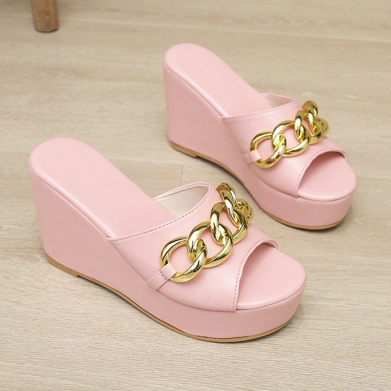 Gold Chain Shoes High Heel Wedges Slippers Women Slides Sandals - Taylor K Shop