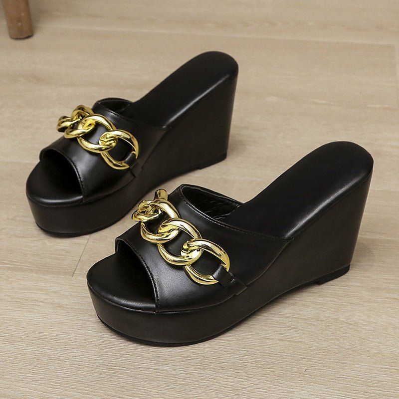 Gold Chain Shoes High Heel Wedges Slippers Women Slides Sandals - Taylor K Shop