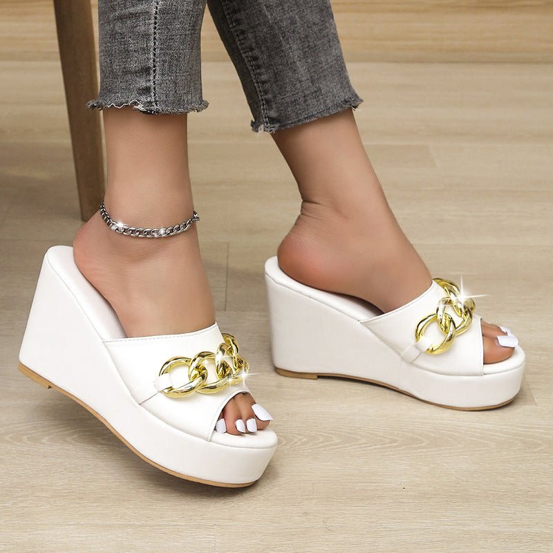 Gold Chain Shoes High Heel Wedges Slippers Women Slides Sandals - Taylor K Shop