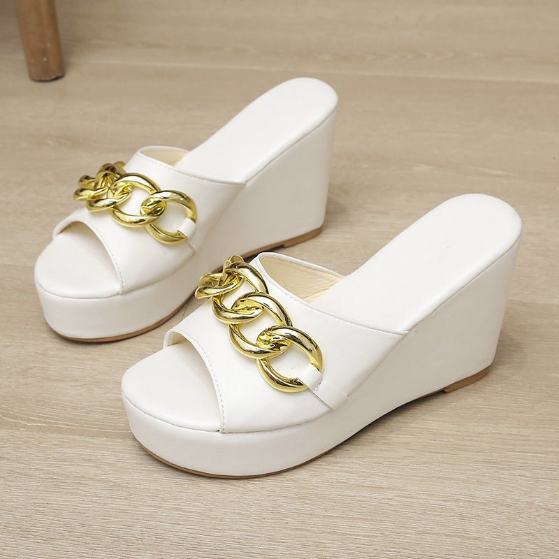 Gold Chain Shoes High Heel Wedges Slippers Women Slides Sandals - Taylor K Shop