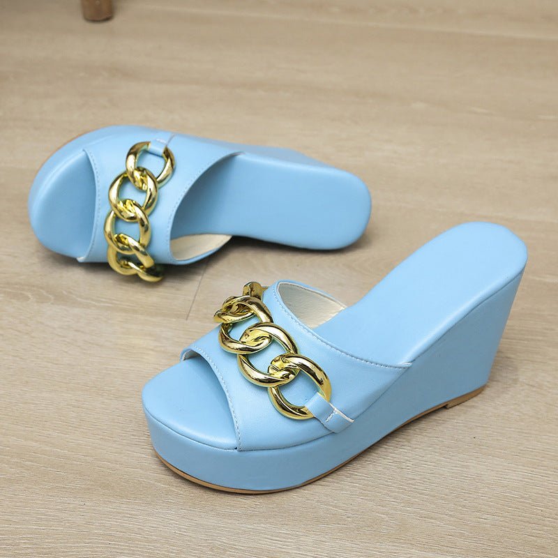 Gold Chain Shoes High Heel Wedges Slippers Women Slides Sandals - Taylor K Shop