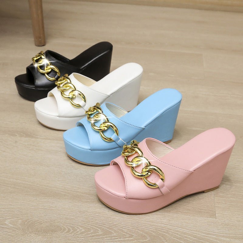 Gold Chain Shoes High Heel Wedges Slippers Women Slides Sandals - Taylor K Shop