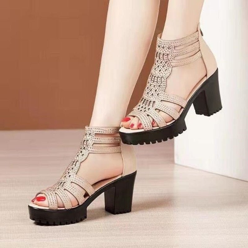 High Heels Gladiator Sandals Woman Open Head Sexy Black Rivet Block Heel Platform Shoes Summer Back Zip - Taylor K Shop