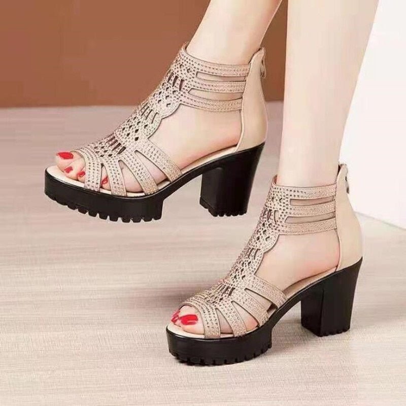 High Heels Gladiator Sandals Woman Open Head Sexy Black Rivet Block Heel Platform Shoes Summer Back Zip - Taylor K Shop