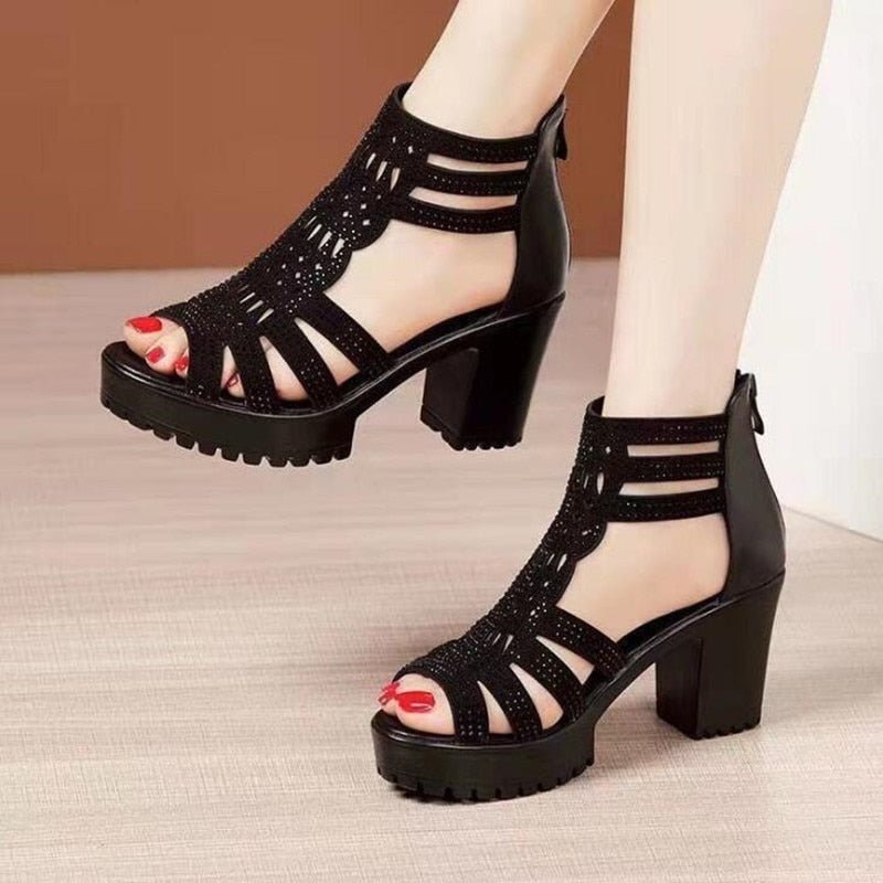 High Heels Gladiator Sandals Woman Open Head Sexy Black Rivet Block Heel Platform Shoes Summer Back Zip - Taylor K Shop
