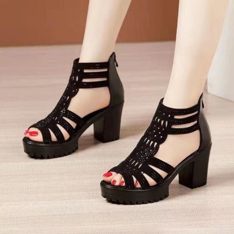 High Heels Gladiator Sandals Woman Open Head Sexy Black Rivet Block Heel Platform Shoes Summer Back Zip - Taylor K Shop