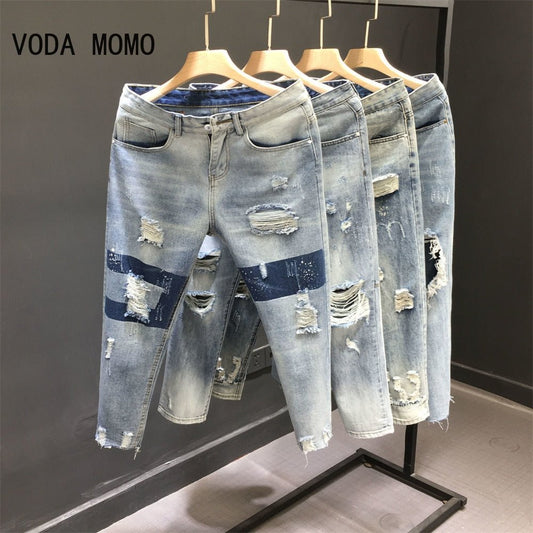 Holes Jeans Men And Women Summer 2022 High Waist Thin Color Loose Straight Denim Ankle - length Harem Pants Men And Women Jeans - Taylor K Shop