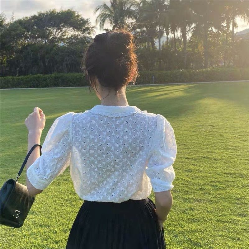 Hollow Flower Blouse Lace Shirt Blouse Short Sleeve Puff Sleeve Doll Collar - Taylor K Shop