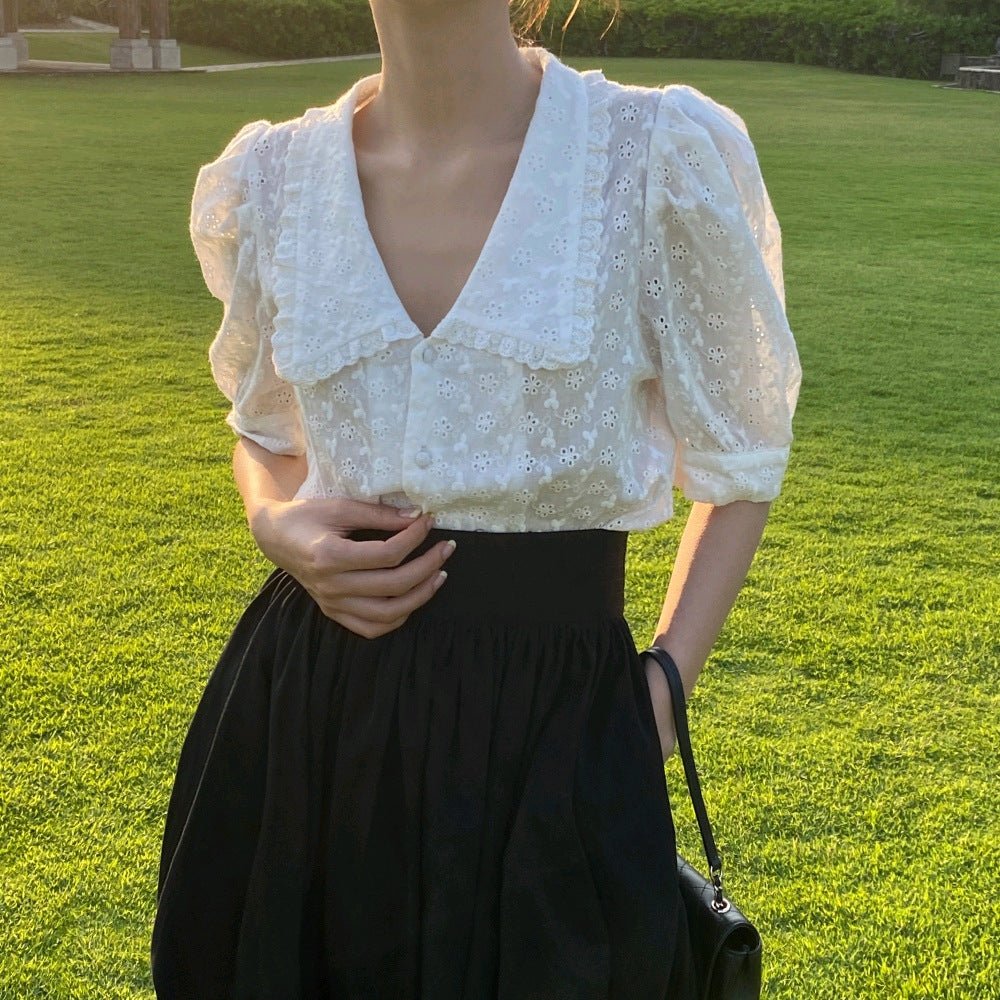 Hollow Flower Blouse Lace Shirt Blouse Short Sleeve Puff Sleeve Doll Collar - Taylor K Shop