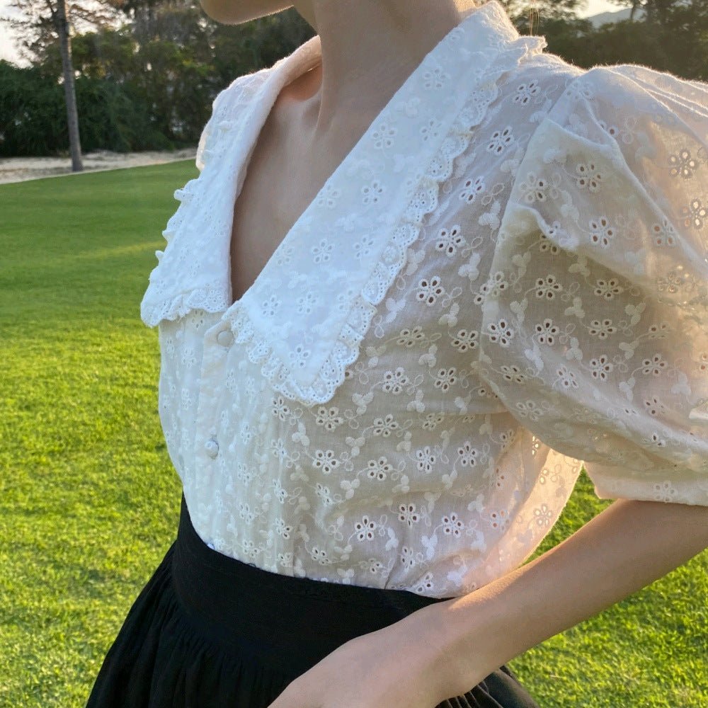 Hollow Flower Blouse Lace Shirt Blouse Short Sleeve Puff Sleeve Doll Collar - Taylor K Shop